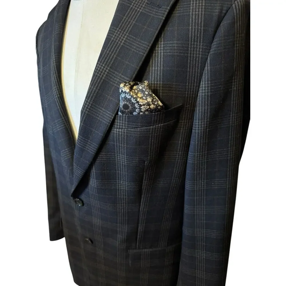 Tallia Classic Fit Suit Jacket Blazer 42L Navy Blue Multiplaid Sport Coat